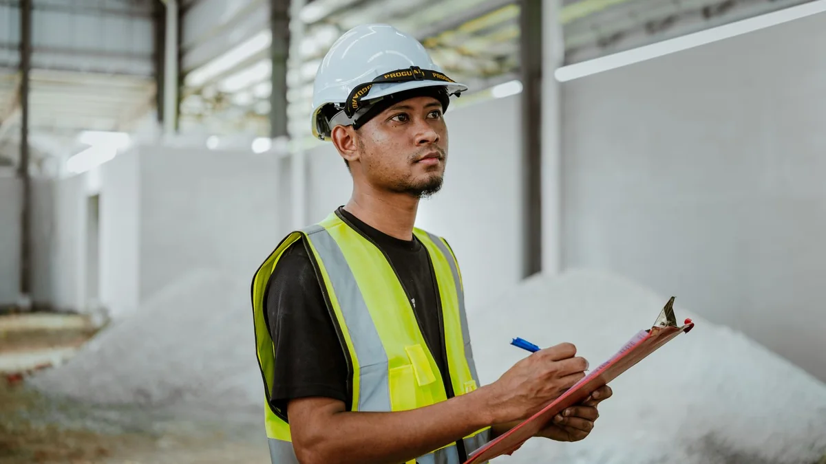 Factory inspector reviewing conditions with a clipboard on a production floor.