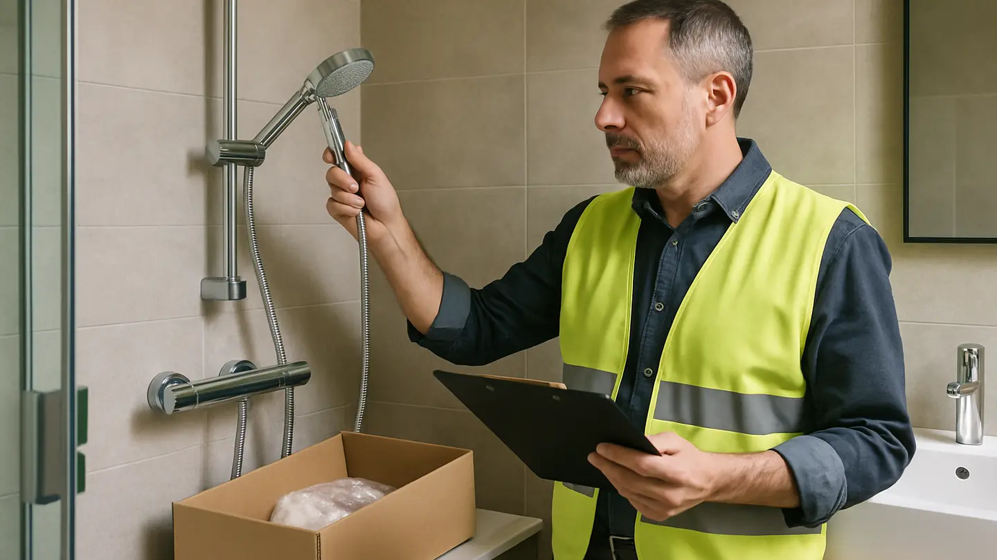 during production inspection shown in a realistic professional bathroom or product-review setting