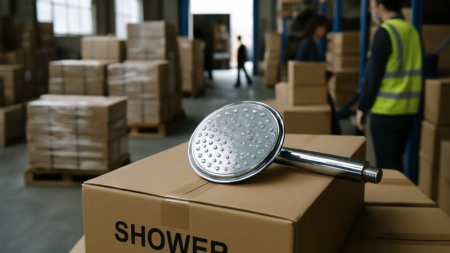 shower manufacturer in a realistic logistics and shipping setting