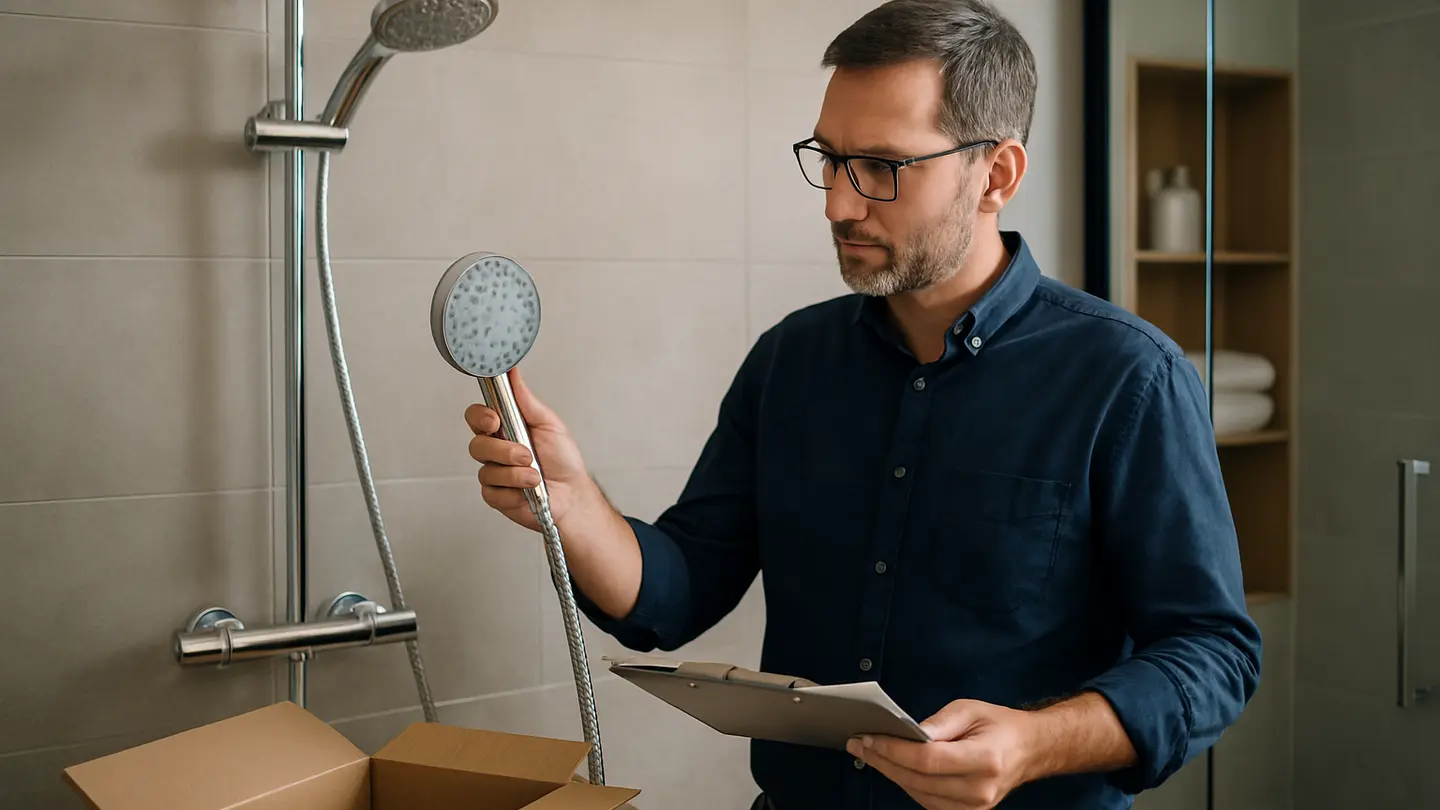 Incoterms for shower sourcing shown in a realistic professional bathroom or product-review setting