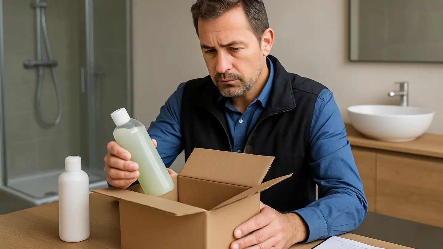 packaging testing shown in a realistic professional bathroom or product-review setting