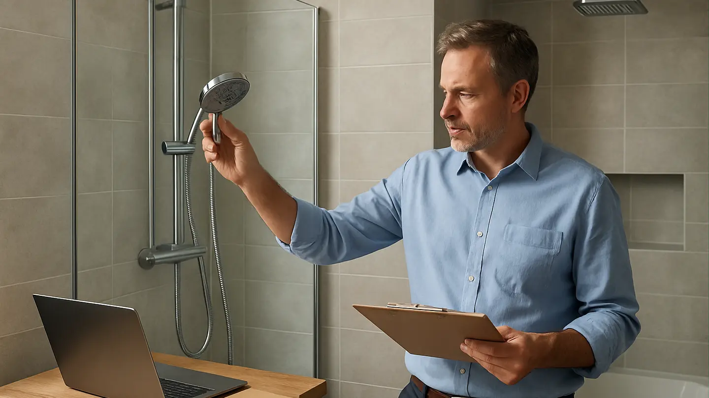 Shower Manufacturer shown in a realistic professional bathroom or product-review setting