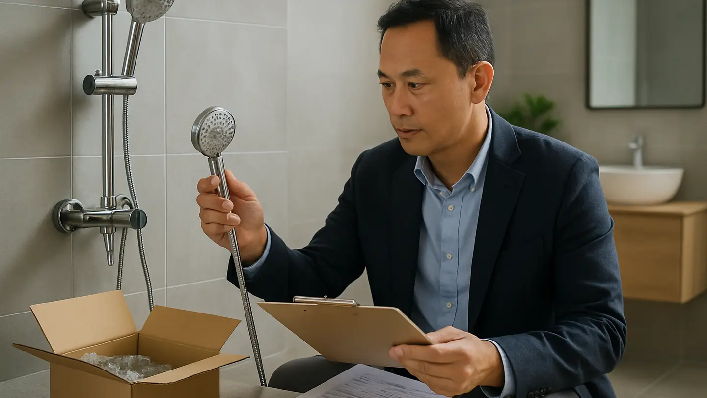 shower manufacturer shown in a realistic professional bathroom or product-review setting