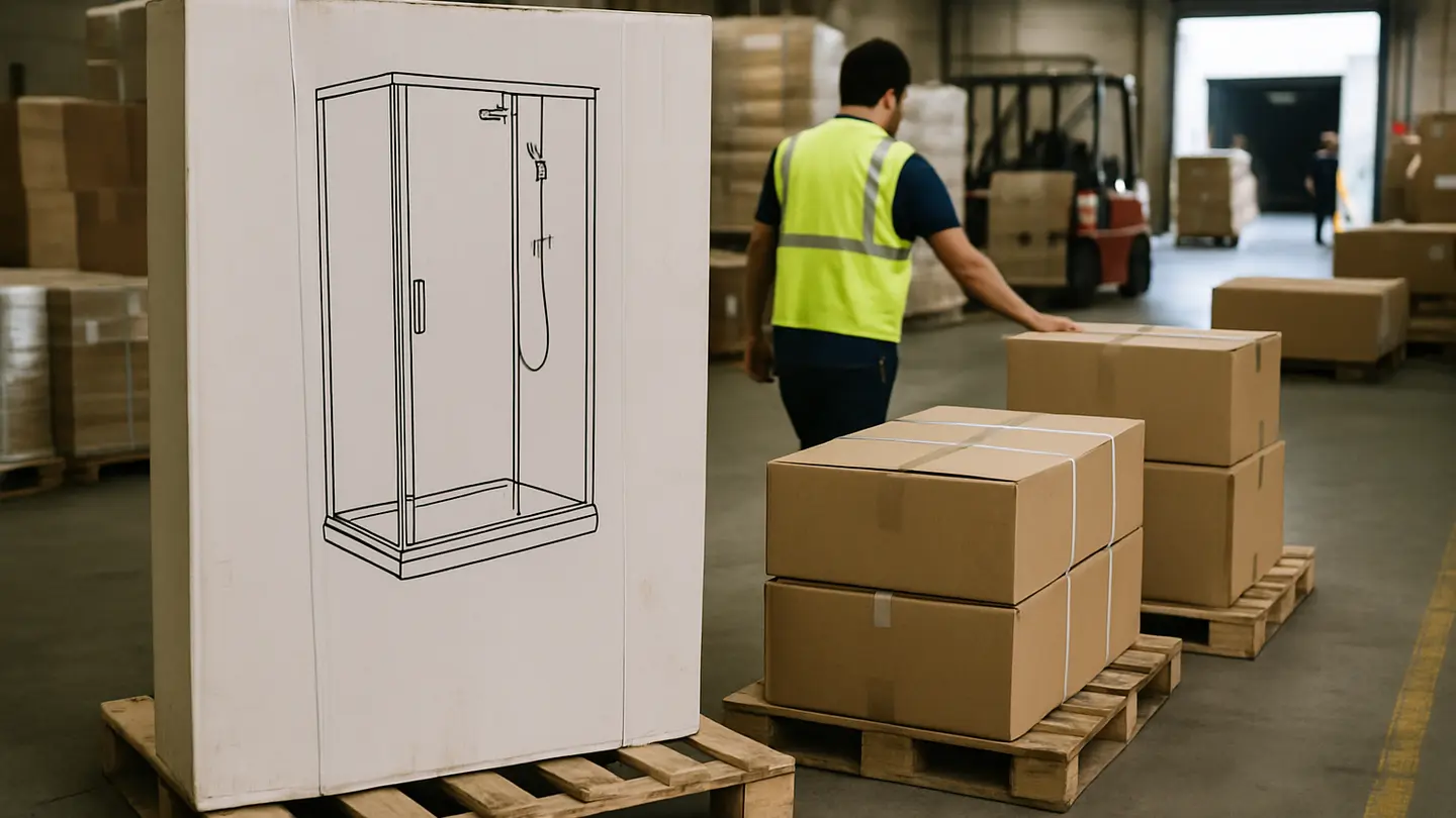 shower manufacturer in a realistic logistics and shipping setting