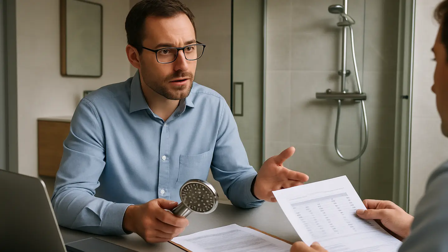 shower manufacturer price negotiation shown in a realistic professional bathroom or product-review setting
