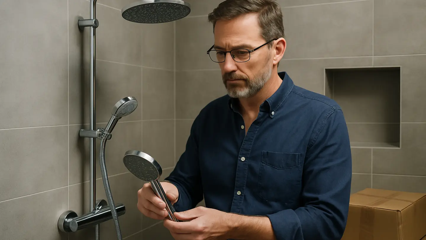 shower manufacturer shown in a realistic professional bathroom or product-review setting