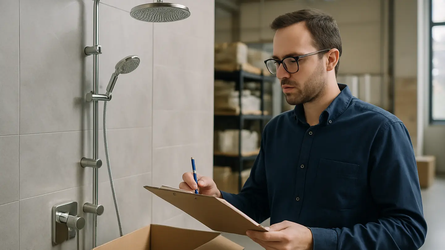 shower manufacturer shown in a realistic professional bathroom or product-review setting