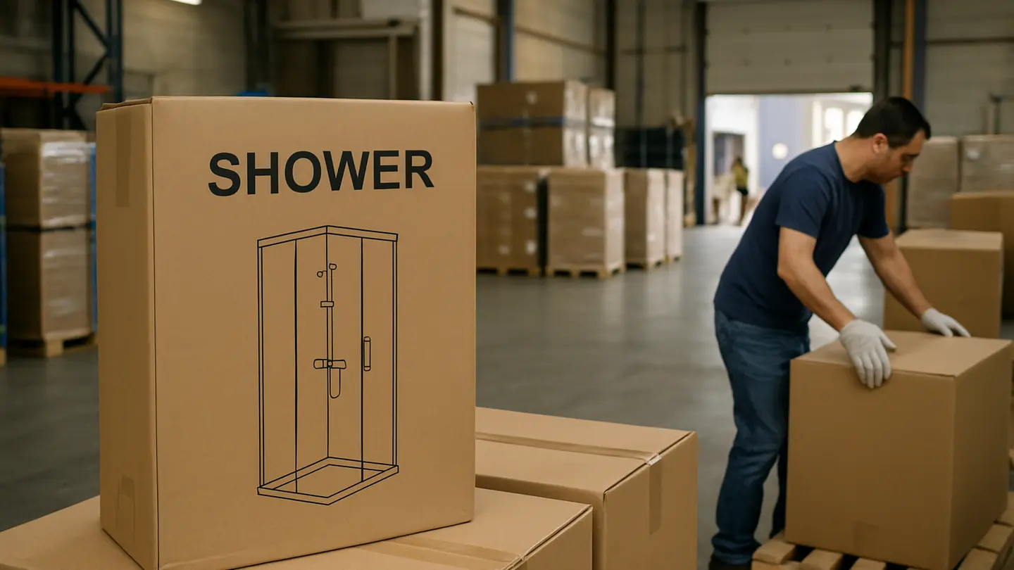shower manufacturer in a realistic logistics and shipping setting